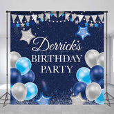 Aperturee - Aperturee Navy Blue Balloon Custom Name Birthday Party Backdrop